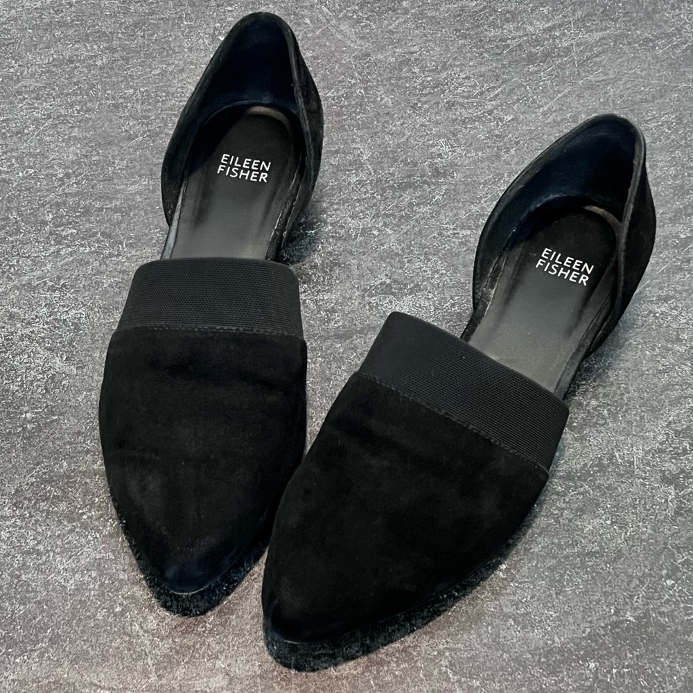 Eileen Fisher, Black Suede D’Orsay Flat, Slip-On Shoe, 8, Flats